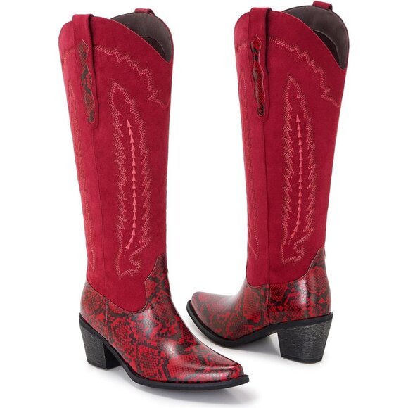Women's Red Western Side Zipper And Snakeskin Embossed Leather Cowgirl Boots - Picture 5 of 7